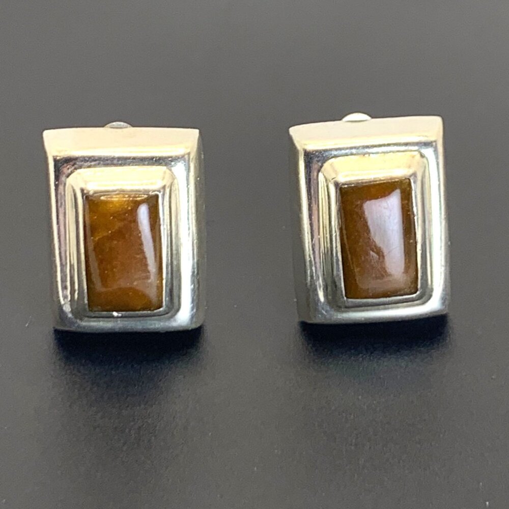 Vintage Sterling Silver 925 Brown Jasper Rectangle Shaped Clip-On Earrings